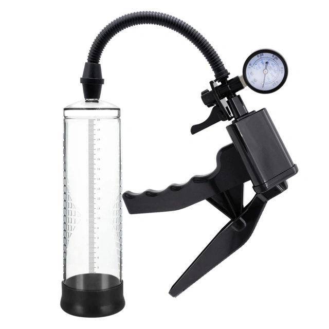 Pompka uchwyt pistoletowy próżniowa do penisa z manometrem  22 cm – precyzyjna kontrola – PowerPump Pro 01 Clear