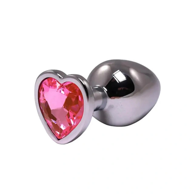Silver small heart-shaped butt plug with pink crystal