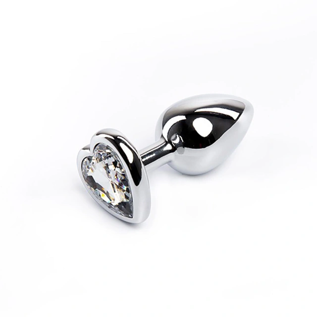 Silver medium heart-shaped butt plug with white crystal
