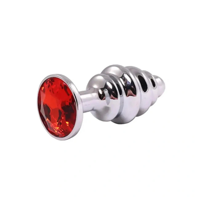 Silver medium ribbed butt plug with red crystal