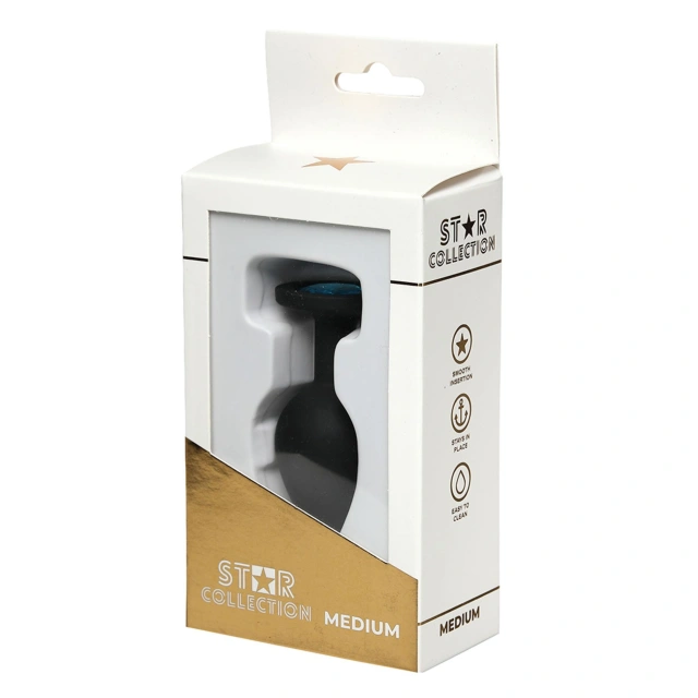 Star Collection - Black Silicone Anal Plug M - Light Blue Stone