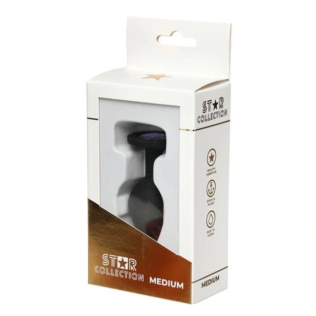Star Collection - Black Silicone Anal Plug M - Purple Stone
