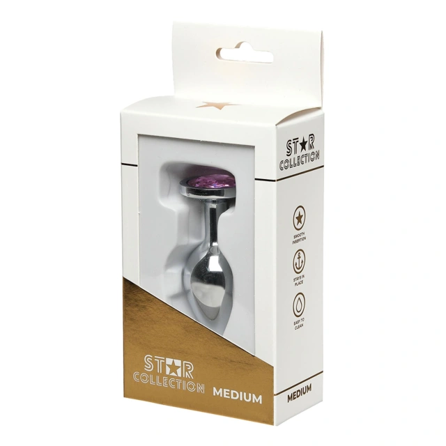 Star Collection - Silver Metal Anal Plug M - Light Pink Stone