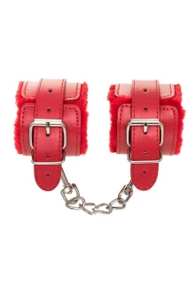 Kajdanki skórzane na nadgarstki czerwone – Anonymo Handcuffs PU Leather Red 27 cm