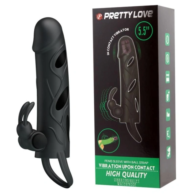 Nakładka na Penisa Penis Sleeve With Ball Strap Vibration Black Pretty Love Wibrujący Czarny 