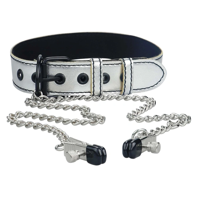 Akcesoria Bondage Metallic Silver Collar With Nipple Clamp Lovetoy | 100% ORYGINAŁ| DYSKRETNA PRZESYŁKA