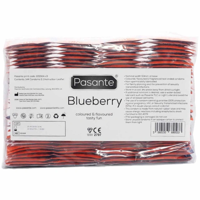 Prezerwatywy Smakowe Jagodowe Pasante Blueberry Blast Bulk 144 szt.