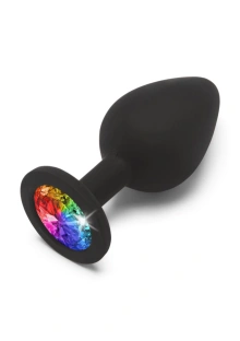 Korek analny silikonowy z tęczowym kryształkiem - Rainbow Booty Jewel Medium Black