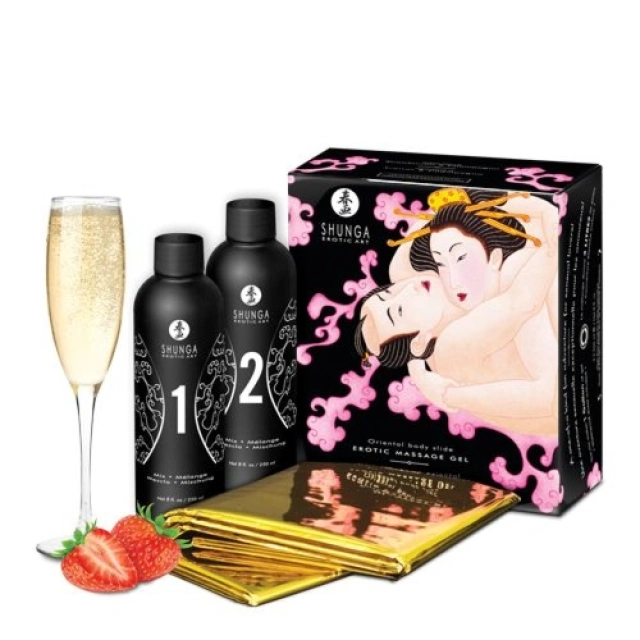 Zestaw Żeli Do Masażu O Zapachu Szampana Z Truskawkami Strawberry & Champagne 2 X 250 Ml Shunga 