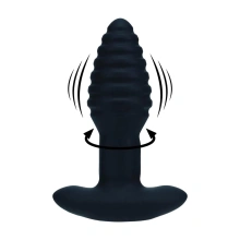 Vibrating and Rotating Ribbed Silicone Anal Plug - Black