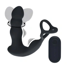 Dual Vibrating Remote Rotating Head Silicone Prostate Stimulator with Cock and Ball Ring - Black