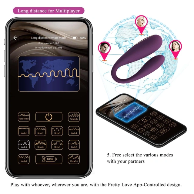 Wibrator dla Par - PRETTY LOVE - August, Mobile APP Long-distance Control 12 vibration functions, ABS Silicone, USB rechargeable