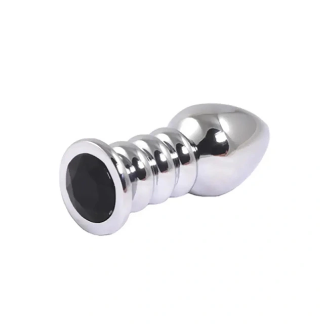 Silver large ribbed butt plug with black crystal
